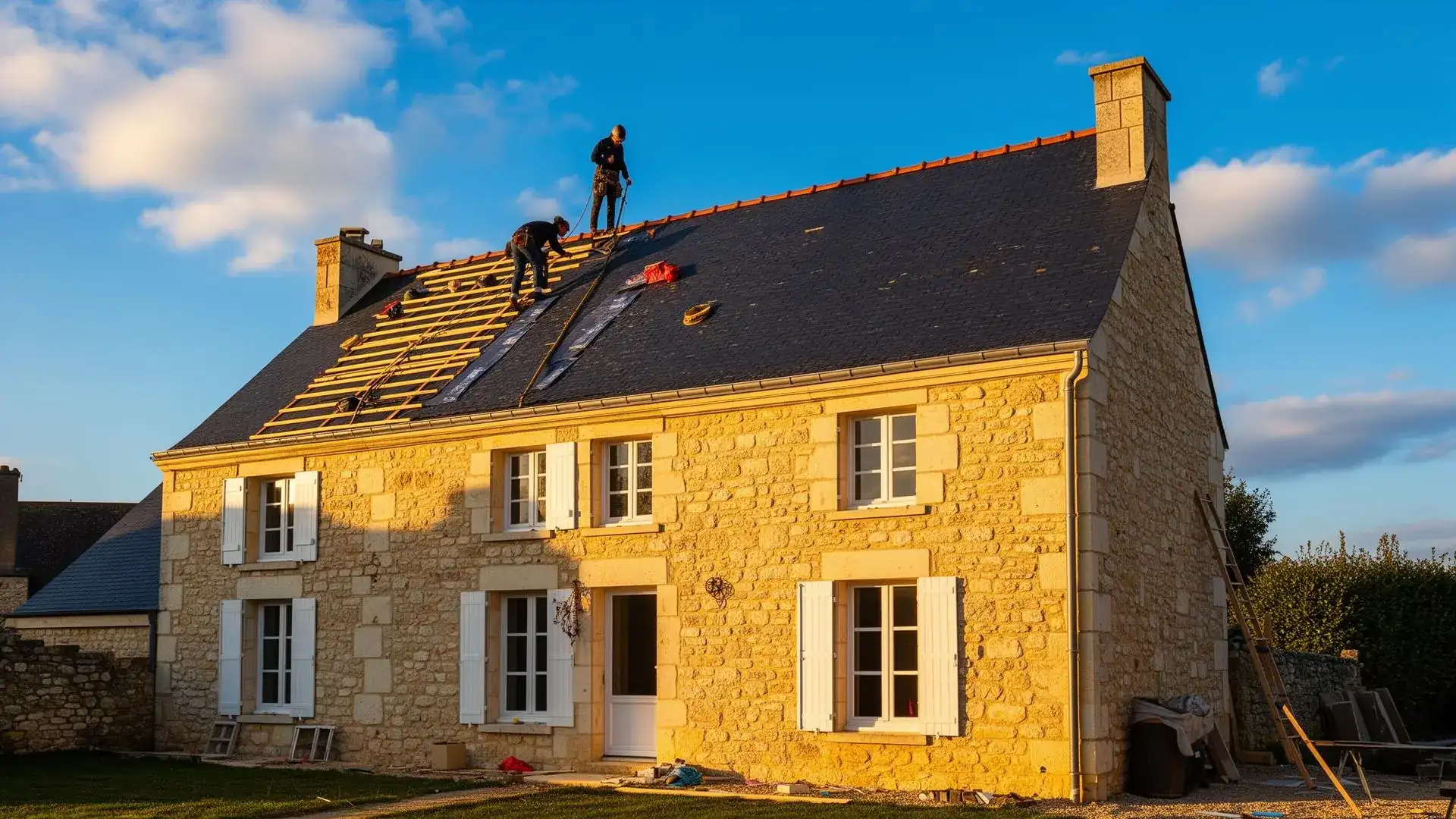 Artisan couvreur intervenant sur une toiture en Bretagne
